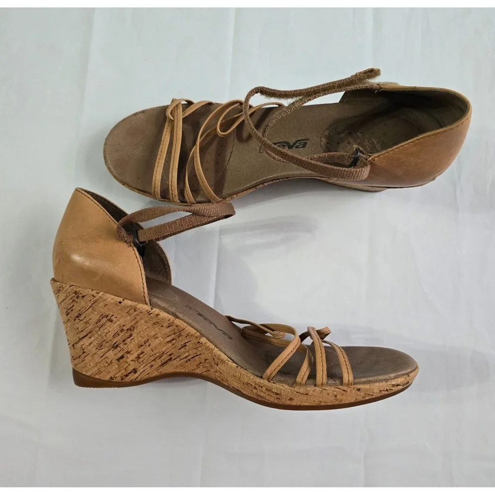 Teva Riviera Stitch Leather Cork Wedge Sandals Tan Brown 1002021 Womens 9
